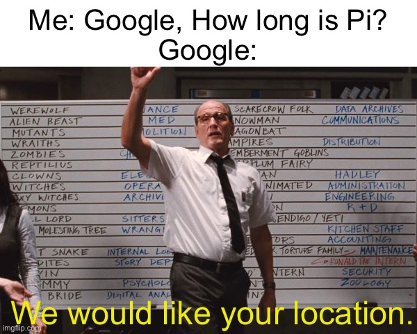 Every single time. | Me: Google, How long is Pi?
Google:; We would like your location. | image tagged in cabin the the woods,memes | made w/ Imgflip meme maker