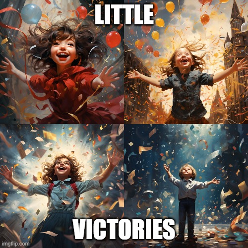 LITTLE VICTORIES | LITTLE; VICTORIES | image tagged in little,people,celebration,victories | made w/ Imgflip meme maker
