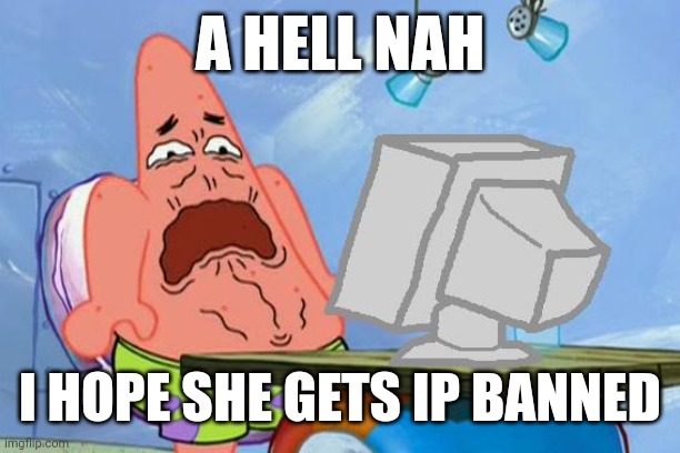 Patrick Star Internet Disgust | A HELL NAH I HOPE SHE GETS IP BANNED | image tagged in patrick star internet disgust | made w/ Imgflip meme maker