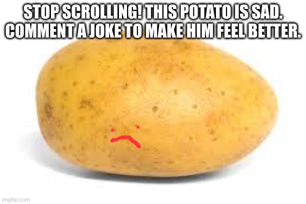 Quick! Before he's mashed. | STOP SCROLLING! THIS POTATO IS SAD. COMMENT A JOKE TO MAKE HIM FEEL BETTER. | image tagged in potato,jokes,cringe | made w/ Imgflip meme maker