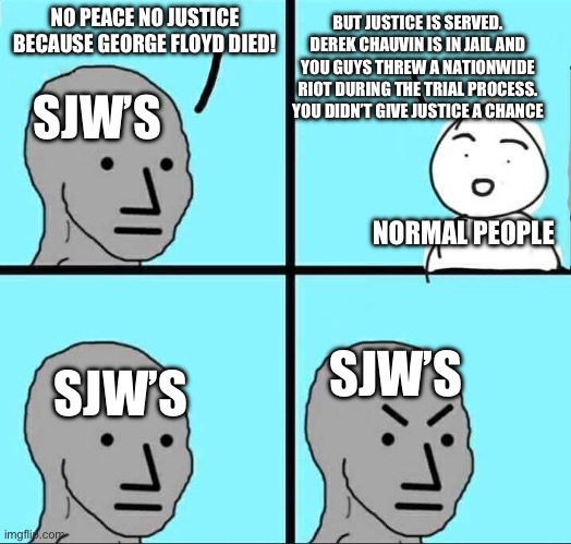 These people didn’t wait until the verdict was settled | BUT JUSTICE IS SERVED. DEREK CHAUVIN IS IN JAIL AND YOU GUYS THREW A NATIONWIDE RIOT DURING THE TRIAL PROCESS. YOU DIDN’T GIVE JUSTICE A CHANCE; NO PEACE NO JUSTICE BECAUSE GEORGE FLOYD DIED! SJW’S; NORMAL PEOPLE; SJW’S; SJW’S | image tagged in npc meme,justice | made w/ Imgflip meme maker