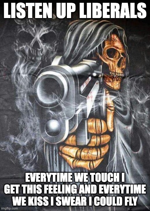 5 upvotes and i post this in politics | LISTEN UP LIBERALS; EVERYTIME WE TOUCH I GET THIS FEELING AND EVERYTIME WE KISS I SWEAR I COULD FLY | image tagged in badass skeleton | made w/ Imgflip meme maker