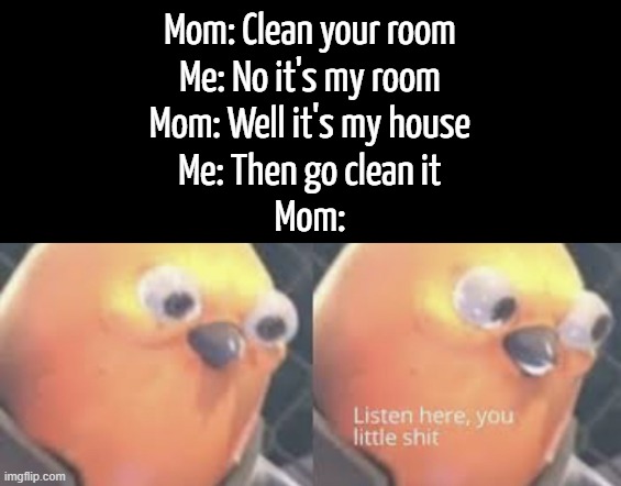 True oml | Mom: Clean your room
Me: No it's my room
Mom: Well it's my house
Me: Then go clean it
Mom: | image tagged in memes,funny,relatable,burn,chores,front page plz | made w/ Imgflip meme maker