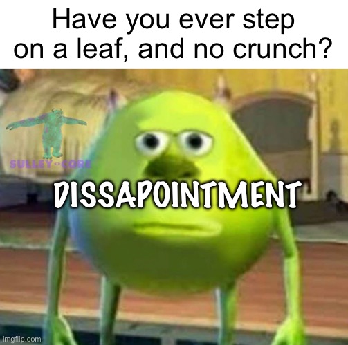 Dissapointment | Have you ever step on a leaf, and no crunch? DISSAPOINTMENT | image tagged in monsters inc,memes | made w/ Imgflip meme maker