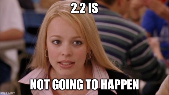 Its Not Going To Happen Meme | 2.2 IS; NOT GOING TO HAPPEN | image tagged in memes,its not going to happen | made w/ Imgflip meme maker