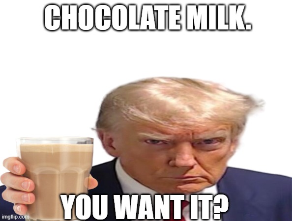 first nice meme | CHOCOLATE MILK. YOU WANT IT? | image tagged in donald trump | made w/ Imgflip meme maker