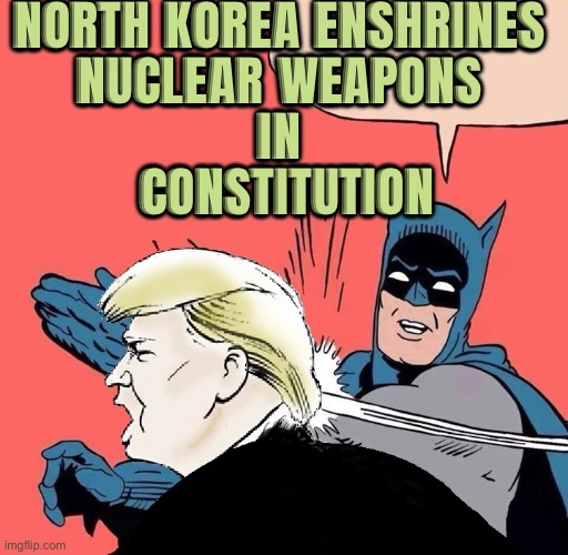 North Korea amends constitution to enshrine nuclear programme  | NORTH KOREA ENSHRINES 
NUCLEAR WEAPONS 
IN 
CONSTITUTION | image tagged in batman slaps trump,donald trump,nuclear war,kim jong un,north korea,usa | made w/ Imgflip meme maker