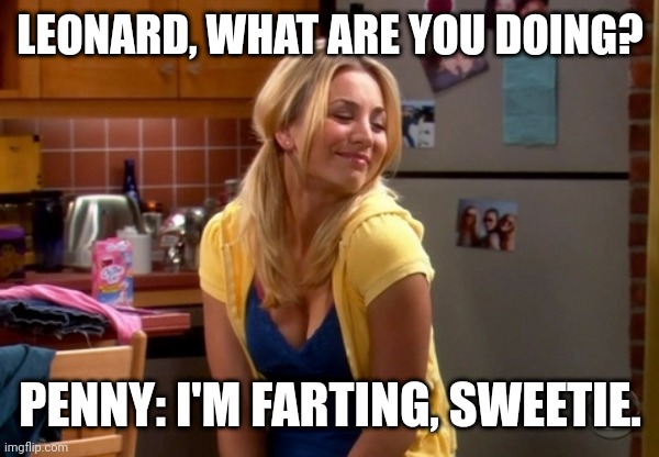 Penny Well I try | LEONARD, WHAT ARE YOU DOING? PENNY: I'M FARTING, SWEETIE. | image tagged in penny well i try | made w/ Imgflip meme maker