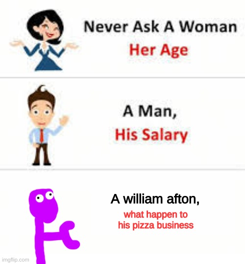 Never ask a woman her age | A william afton, what happen to his pizza business | image tagged in never ask a woman her age | made w/ Imgflip meme maker