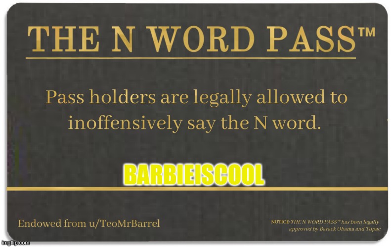 N word pass | BARBIEISCOOL | image tagged in n word pass | made w/ Imgflip meme maker