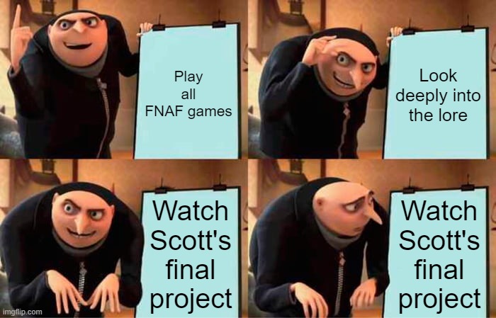 FNAF | Play all FNAF games; Look deeply into the lore; Watch Scott's final project; Watch Scott's final project | image tagged in memes,gru's plan | made w/ Imgflip meme maker