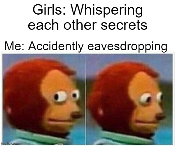 Secrets | Girls: Whispering each other secrets; Me: Accidently eavesdropping | image tagged in memes,monkey puppet | made w/ Imgflip meme maker