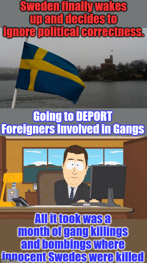 All it took was political correctness killing innocent people before Sweden woke up... | Sweden finally wakes up and decides to ignore political correctness. Going to DEPORT Foreigners Involved in Gangs; All it took was a month of gang killings and bombings where innocent Swedes were killed | image tagged in aaand its gone,sweden,political correctness,killed,innocent,people | made w/ Imgflip meme maker