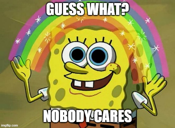 Guess What? Nobody Cares | GUESS WHAT? NOBODY CARES | image tagged in memes,imagination spongebob | made w/ Imgflip meme maker