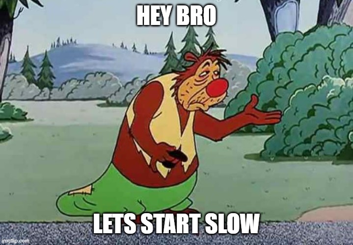 Lets start slow | HEY BRO; LETS START SLOW | image tagged in bear asking for food | made w/ Imgflip meme maker
