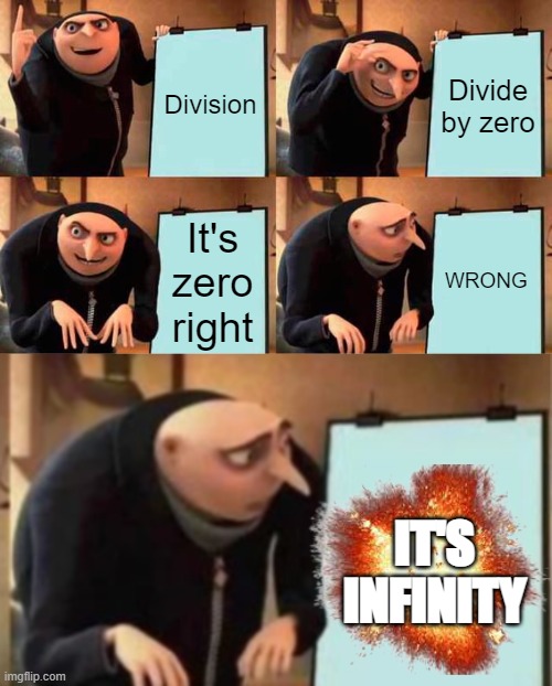 0 goes into say 9 how many times? | Division; Divide by zero; It's zero right; WRONG; IT'S INFINITY | image tagged in memes,gru's plan,gru's plan 5 panel | made w/ Imgflip meme maker