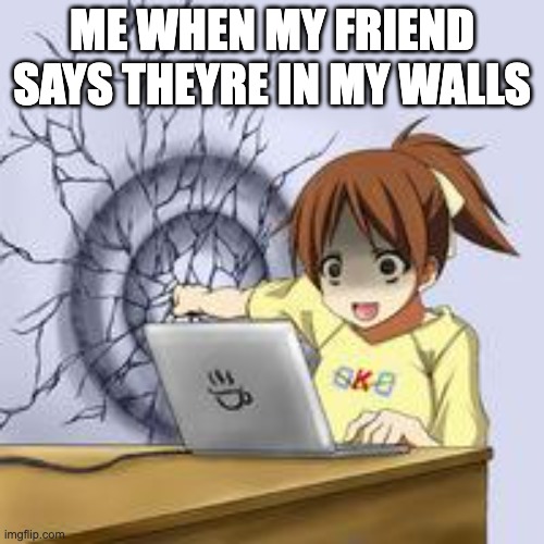 Anime wall punch | ME WHEN MY FRIEND SAYS THEYRE IN MY WALLS | image tagged in anime wall punch,funny,memes,relatable | made w/ Imgflip meme maker