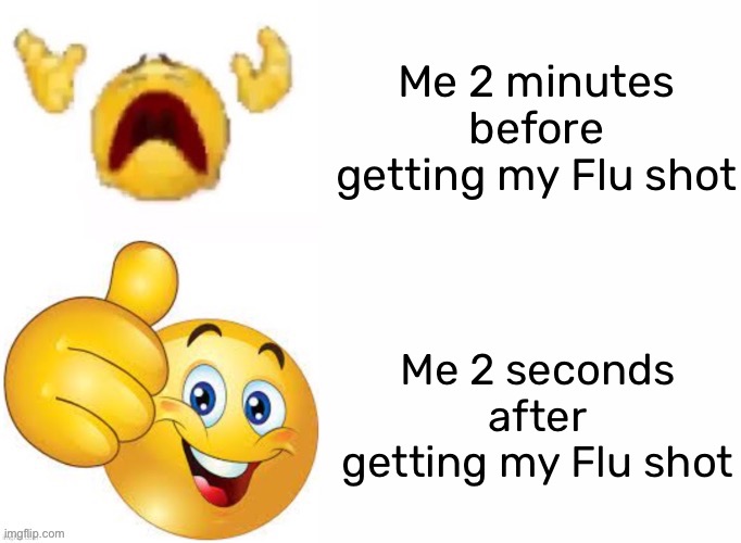 It’s always not all that bad afterwards | Me 2 minutes before getting my Flu shot; Me 2 seconds after getting my Flu shot | image tagged in scream and thumbs up,vaccines,screaming emoji,thumbs up emoji,relatable | made w/ Imgflip meme maker