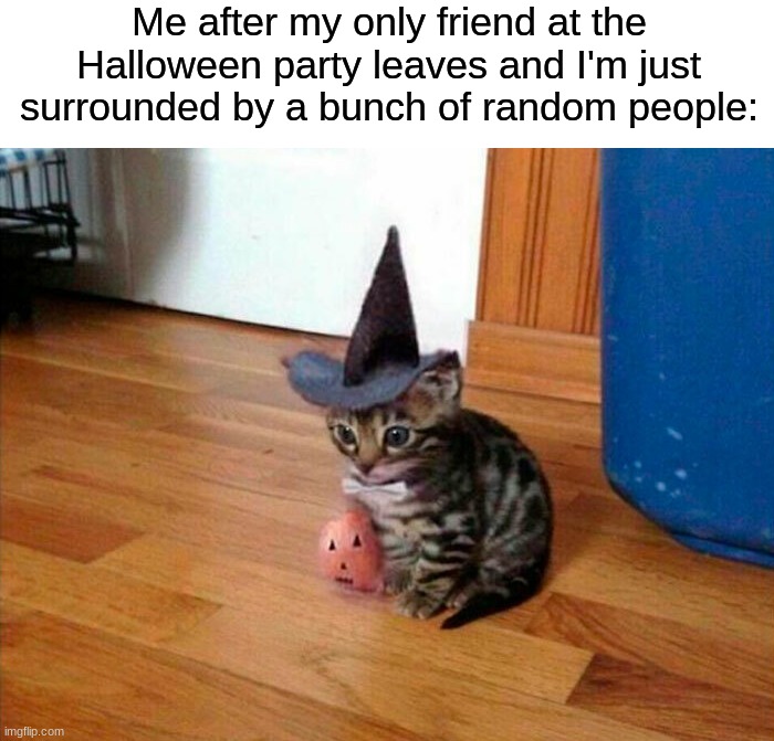 This has to be the worst feeling | Me after my only friend at the Halloween party leaves and I'm just surrounded by a bunch of random people: | image tagged in memes,funny,true story,halloween,spooky month,costume | made w/ Imgflip meme maker