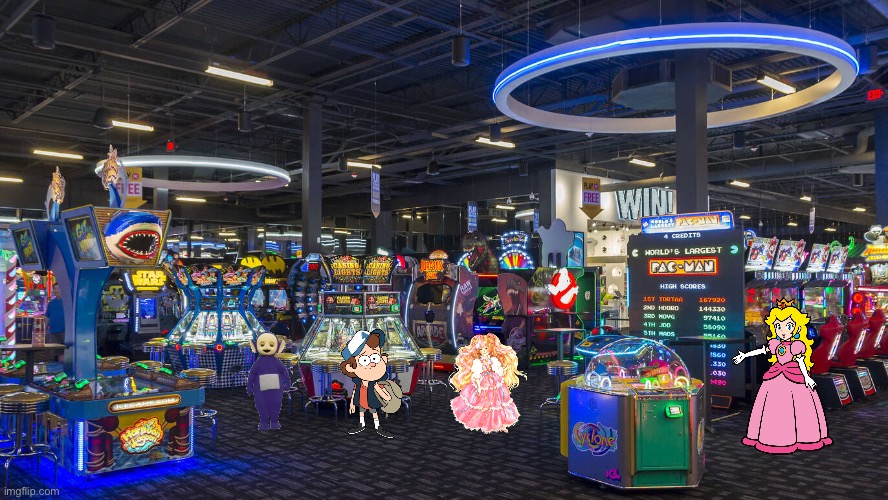 Lost in a World of Fun at Dave & Busters | image tagged in teletubbies,gravity falls,princess peach,fun,arcade,girl | made w/ Imgflip meme maker