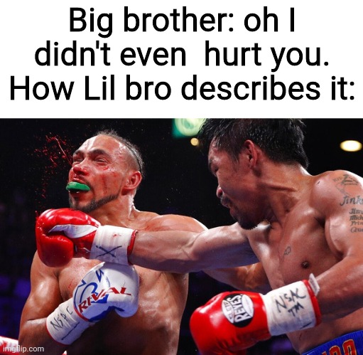 Lil bro drags it rlly | Big brother: oh I didn't even  hurt you.
How Lil bro describes it: | image tagged in that feeling,relatable memes | made w/ Imgflip meme maker