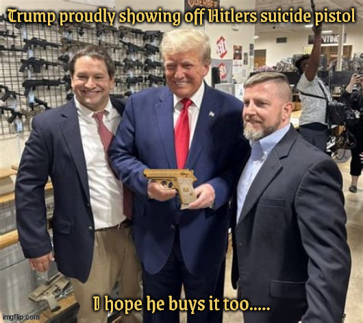 Hitler holding Trump's bunker blaster | image tagged in hitler,trump,gun,pistol,nazi,2nd amendment | made w/ Imgflip meme maker