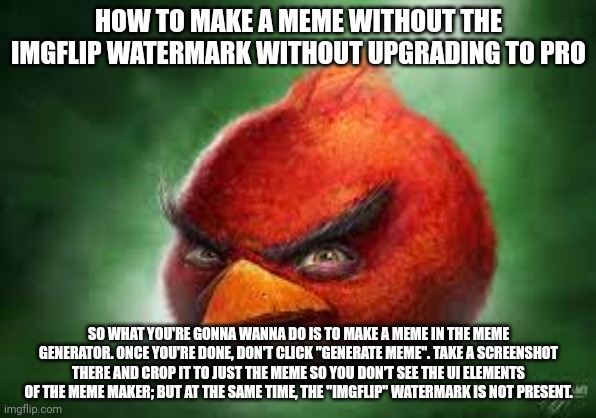 Realistic Red Angry Birds | HOW TO MAKE A MEME WITHOUT THE IMGFLIP WATERMARK WITHOUT UPGRADING TO PRO; SO WHAT YOU'RE GONNA WANNA DO IS TO MAKE A MEME IN THE MEME GENERATOR. ONCE YOU'RE DONE, DON'T CLICK "GENERATE MEME". TAKE A SCREENSHOT THERE AND CROP IT TO JUST THE MEME SO YOU DON'T SEE THE UI ELEMENTS OF THE MEME MAKER; BUT AT THE SAME TIME, THE "IMGFLIP" WATERMARK IS NOT PRESENT. | image tagged in realistic red angry birds | made w/ Imgflip meme maker