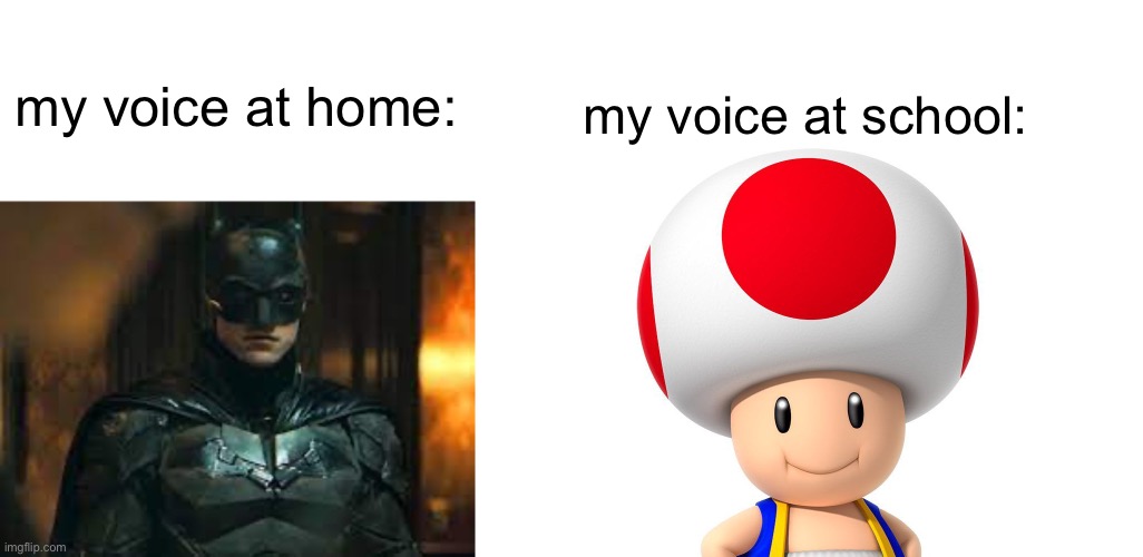 my voice at home:; my voice at school: | image tagged in toad,batman,sandwich | made w/ Imgflip meme maker