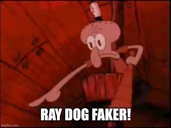Squidward pointing | RAY DOG FAKER! | image tagged in squidward pointing | made w/ Imgflip meme maker