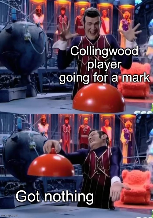 Collingwood marking | Collingwood player going for a mark; Got nothing | image tagged in robbie nothing | made w/ Imgflip meme maker