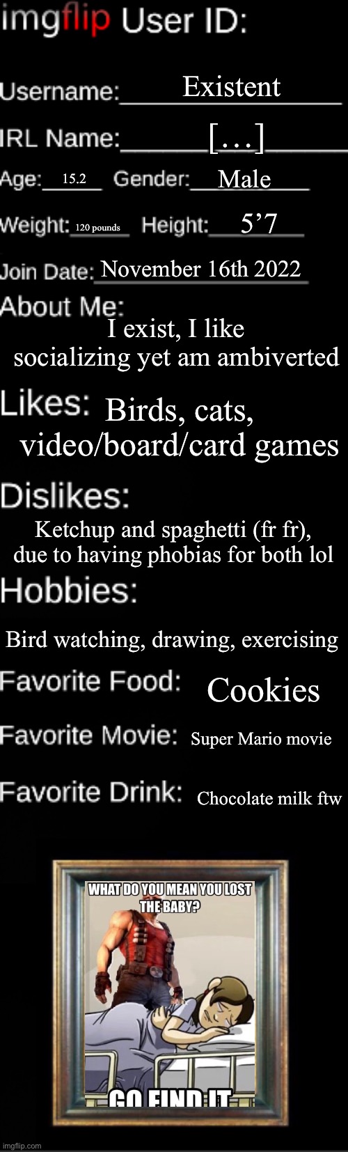 … | Existent; […]; Male; 15.2; 5’7; 120 pounds; November 16th 2022; I exist, I like socializing yet am ambiverted; Birds, cats, video/board/card games; Ketchup and spaghetti (fr fr), due to having phobias for both lol; Bird watching, drawing, exercising; Cookies; Super Mario movie; Chocolate milk ftw | image tagged in imgflip user id | made w/ Imgflip meme maker