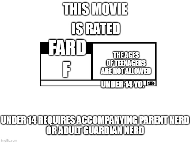 Rated F | IS RATED; THIS MOVIE; FARD; THE AGES OF TEENAGERS ARE NOT ALLOWED; F; UNDER 14 YO. UNDER 14 REQUIRES ACCOMPANYING PARENT NERD
OR ADULT GUARDIAN NERD | image tagged in mpaa movie rating | made w/ Imgflip meme maker
