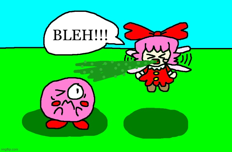 Ribbon pukes on Kirby (HAHAHA Edition) | image tagged in kirby,vomit,funny,gross,puke,parody | made w/ Imgflip meme maker