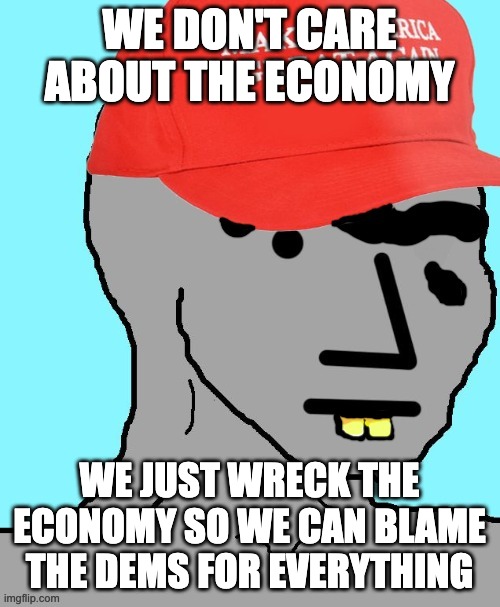 MAGA NPC | WE DON'T CARE ABOUT THE ECONOMY WE JUST WRECK THE ECONOMY SO WE CAN BLAME THE DEMS FOR EVERYTHING | image tagged in maga npc | made w/ Imgflip meme maker