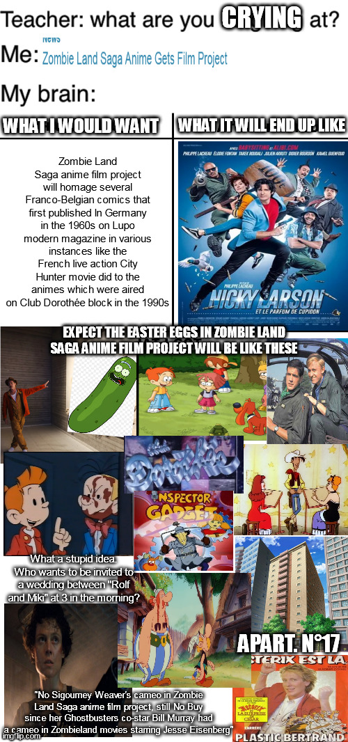 What if Asterix fans will react "No cameos of Plastic Bertrand in Zombie Land Saga anime movie? No Buy!"? | CRYING; WHAT IT WILL END UP LIKE; WHAT I WOULD WANT; Zombie Land Saga anime film project will homage several Franco-Belgian comics that first published In Germany in the 1960s on Lupo modern magazine in various instances like the French live action City Hunter movie did to the animes which were aired on Club Dorothée block in the 1990s; EXPECT THE EASTER EGGS IN ZOMBIE LAND SAGA ANIME FILM PROJECT WILL BE LIKE THESE; What a stupid idea. Who wants to be invited to a wedding between "Rolf and Miki" at 3 in the morning? APART. N°17; "No Sigourney Weaver's cameo in Zombie Land Saga anime film project, still No Buy since her Ghostbusters co-star Bill Murray had a cameo in Zombieland movies starring Jesse Eisenberg" | image tagged in teacher what are you laughing at,what i watched/ what i expected/ what i got,sigourney weaver,asterix,brad pitt,pickle rick | made w/ Imgflip meme maker