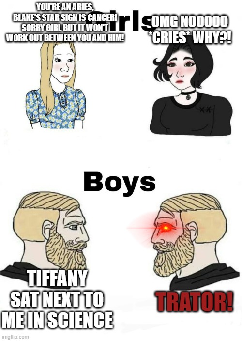 boys v girls | OMG NOOOOO *CRIES* WHY?! YOU'RE AN ARIES, BLAKE'S STAR SIGN IS CANCER! SORRY GIRL BUT IT WON'T WORK OUT BETWEEN YOU AND HIM! TIFFANY SAT NEXT TO ME IN SCIENCE; TRATOR! | image tagged in boys v girls | made w/ Imgflip meme maker