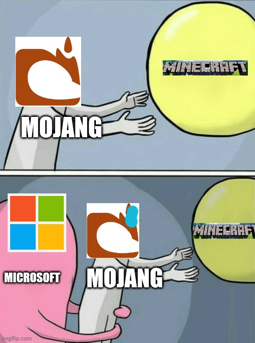 mojang is loosing minecraft | MOJANG; MICROSOFT; MOJANG | image tagged in memes,running away balloon,minecraft,microsoft | made w/ Imgflip meme maker