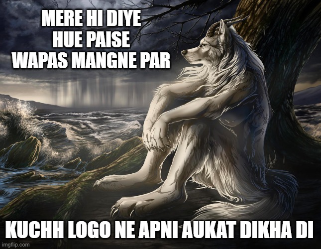 WOLF MEME | MERE HI DIYE HUE PAISE WAPAS MANGNE PAR; KUCHH LOGO NE APNI AUKAT DIKHA DI | image tagged in sitting wolf | made w/ Imgflip meme maker