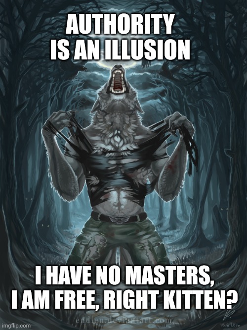 Right kitten? | AUTHORITY IS AN ILLUSION; I HAVE NO MASTERS, I AM FREE, RIGHT KITTEN? | image tagged in wolf howling | made w/ Imgflip meme maker