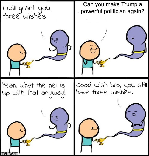 3 Wishes | Can you make Trump a powerful politician again? | image tagged in 3 wishes | made w/ Imgflip meme maker