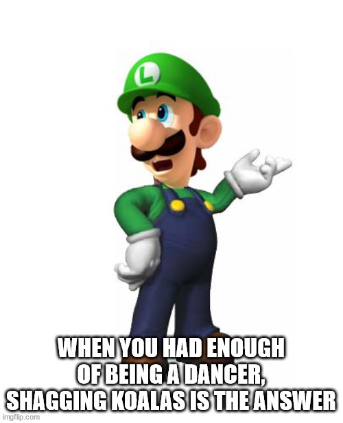 Logic Luigi | WHEN YOU HAD ENOUGH OF BEING A DANCER,
SHAGGING KOALAS IS THE ANSWER | image tagged in logic luigi | made w/ Imgflip meme maker