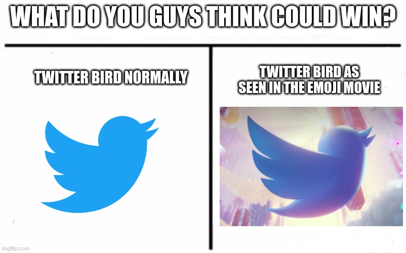 Who Would Win Blank | WHAT DO YOU GUYS THINK COULD WIN? TWITTER BIRD AS SEEN IN THE EMOJI MOVIE; TWITTER BIRD NORMALLY | image tagged in who would win blank,twitter | made w/ Imgflip meme maker