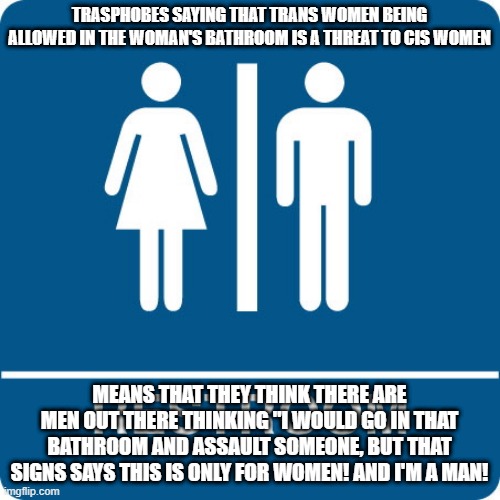 Criminals don't follow rules, that's kind of the whole point. | TRASPHOBES SAYING THAT TRANS WOMEN BEING ALLOWED IN THE WOMAN'S BATHROOM IS A THREAT TO CIS WOMEN; MEANS THAT THEY THINK THERE ARE MEN OUT THERE THINKING "I WOULD GO IN THAT BATHROOM AND ASSAULT SOMEONE, BUT THAT SIGNS SAYS THIS IS ONLY FOR WOMEN! AND I'M A MAN! | image tagged in bathroom,transphobic,transgender bathroom,conservative logic | made w/ Imgflip meme maker
