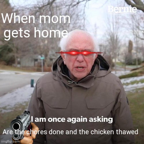 Bernie I Am Once Again Asking For Your Support Meme | When mom gets home; Are the chores done and the chicken thawed | image tagged in memes,bernie i am once again asking for your support | made w/ Imgflip meme maker