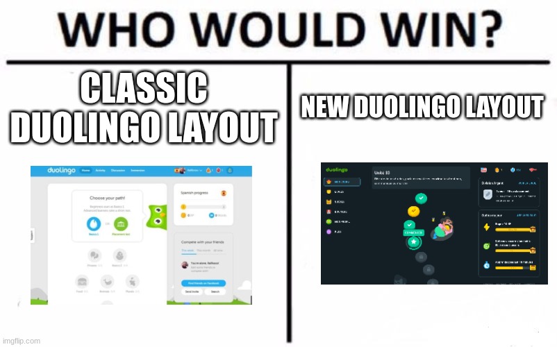 Who Would Win? | CLASSIC DUOLINGO LAYOUT; NEW DUOLINGO LAYOUT | image tagged in memes,who would win,duolingo | made w/ Imgflip meme maker
