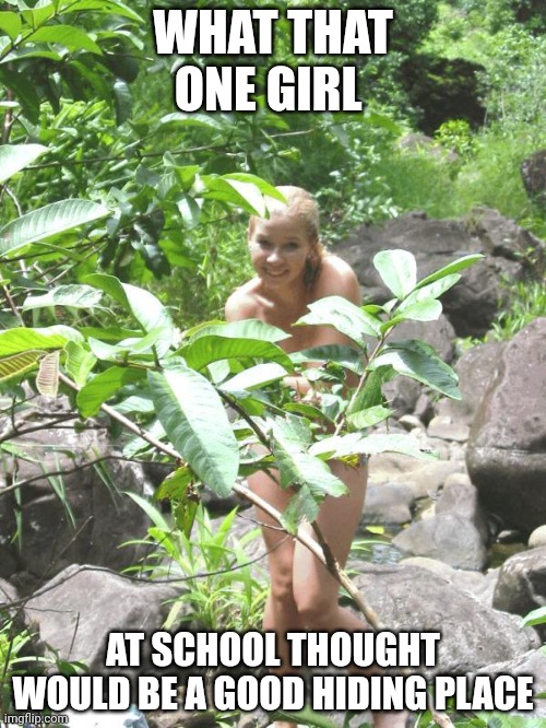 Garden of Eden | WHAT THAT ONE GIRL; AT SCHOOL THOUGHT WOULD BE A GOOD HIDING PLACE | image tagged in garden of eden | made w/ Imgflip meme maker