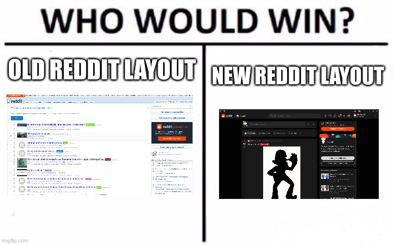 Who Would Win? Meme | OLD REDDIT LAYOUT; NEW REDDIT LAYOUT | image tagged in memes,who would win,reddit | made w/ Imgflip meme maker