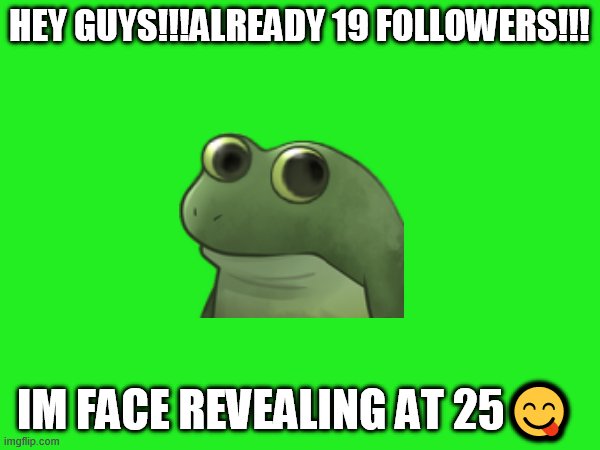 HEY GUYS!!!ALREADY 19 FOLLOWERS!!! IM FACE REVEALING AT 25😋 | made w/ Imgflip meme maker