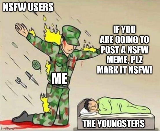 Soldier protecting sleeping child | NSFW USERS; IF YOU ARE GOING TO POST A NSFW MEME, PLZ MARK IT NSFW! ME; THE YOUNGSTERS | image tagged in soldier protecting sleeping child | made w/ Imgflip meme maker