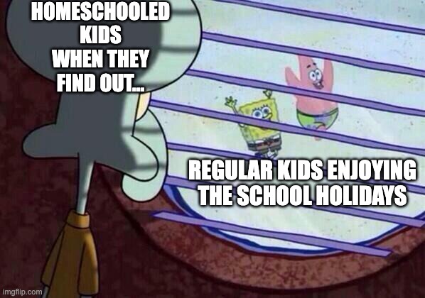 dangit, it was school holidays this whole time! | HOMESCHOOLED KIDS WHEN THEY FIND OUT... REGULAR KIDS ENJOYING THE SCHOOL HOLIDAYS | image tagged in squidward window,holidays,homeschool | made w/ Imgflip meme maker
